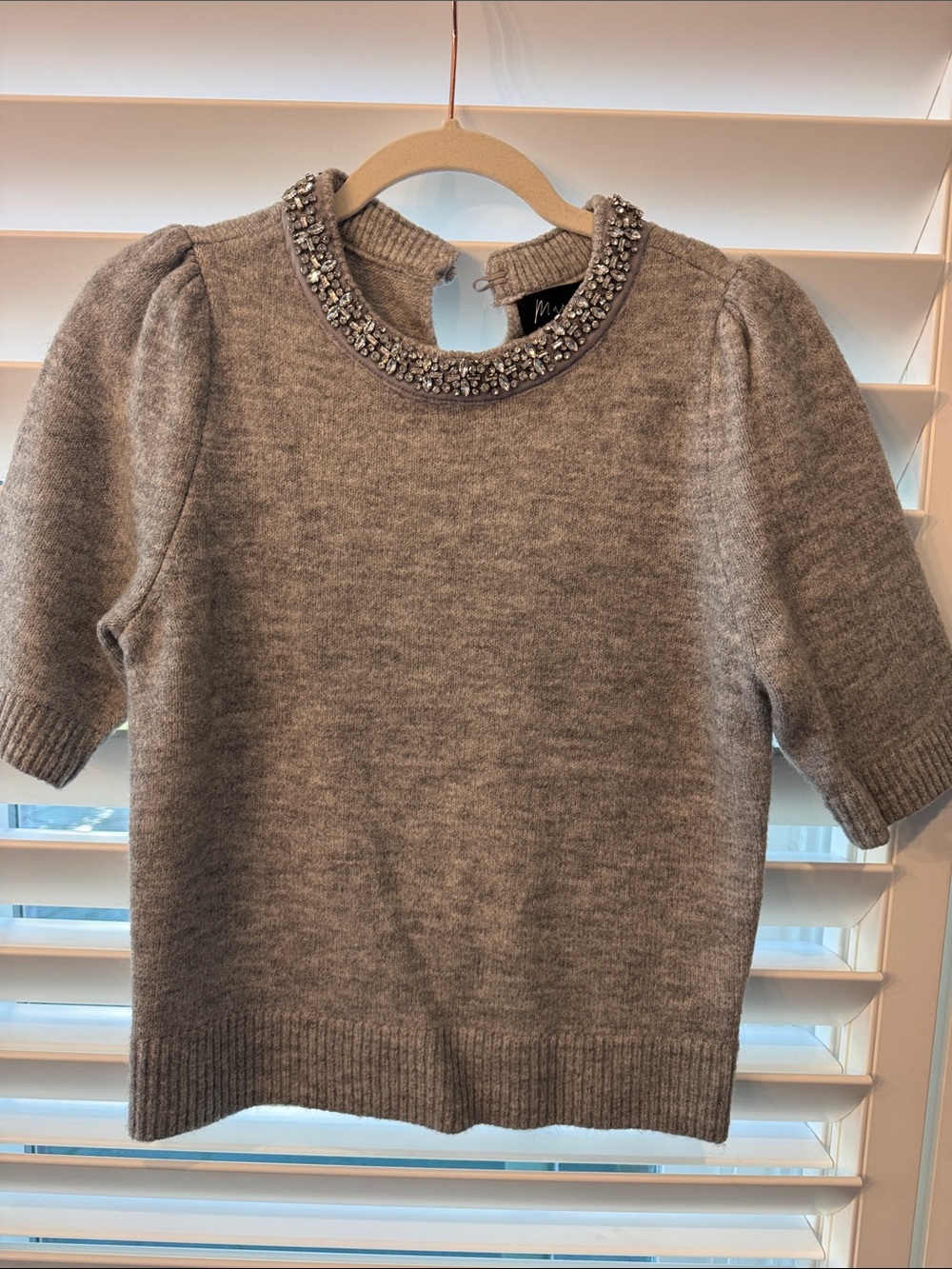 Marled Gray Embellished Crewneck Short-Sleeve Sweater